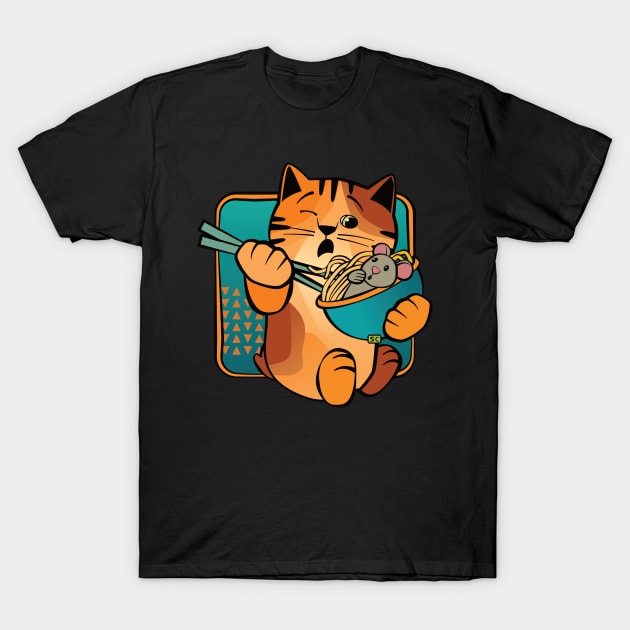 Cat Eating Noodles with Mouse T-Shirt by Sue Cervenka